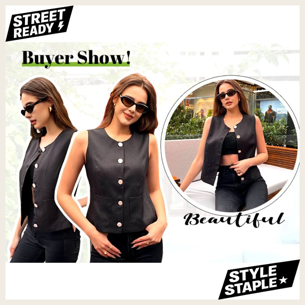 Sleeveless Button Down Vest, Polyester Spandex Bl… - image 6